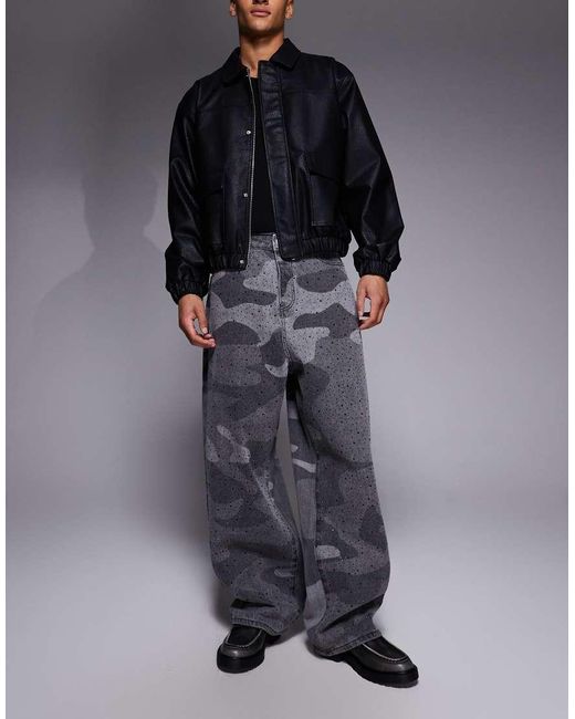 Liquor N Poker Gray Baggy Embellished Rhinestone Jeans for men