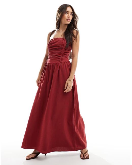 4th & Reckless Red Cotton Bandeau Ruched Detail Maxi Dress