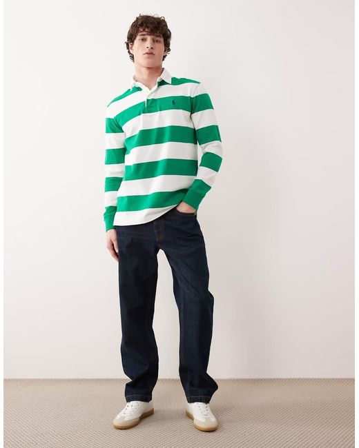 Polo Ralph Lauren Green Icon Logo Long Sleeve Stripe Rugby Shirt for men