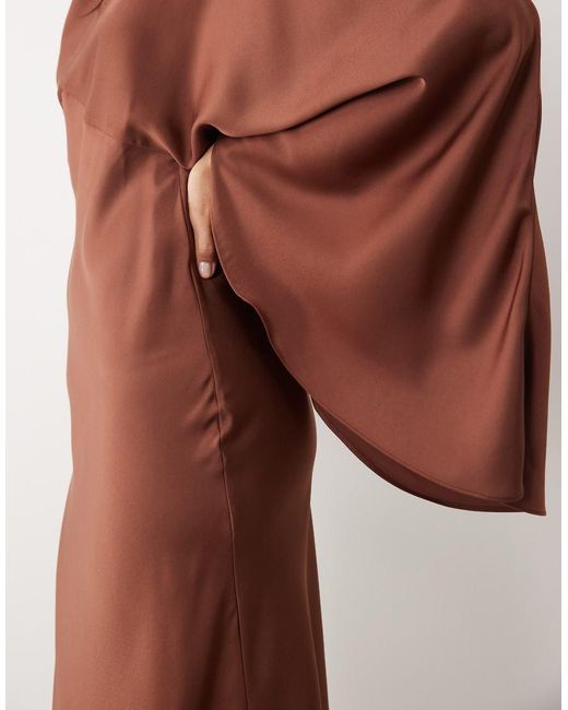 ASOS Brown Funnel Neck Satin Maxi Dress With exaggerated Sleeves