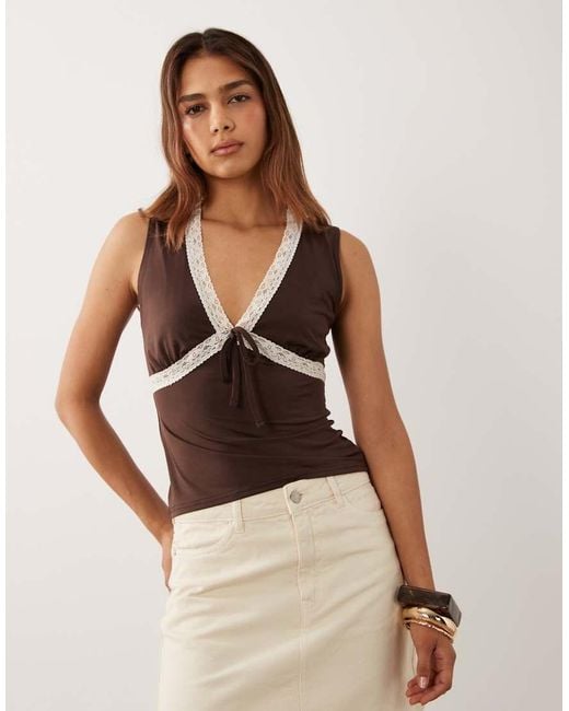 Miss Selfridge Natural Lace Trim Tank Top With Bow