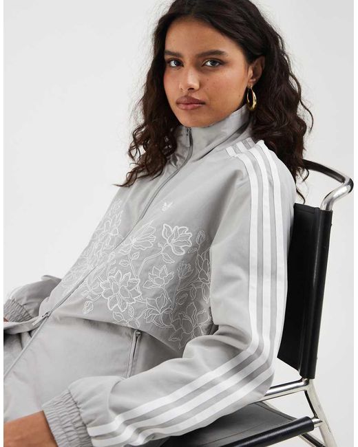 Adidas Originals Gray Firebird Loose Floral Embroidered Track Top