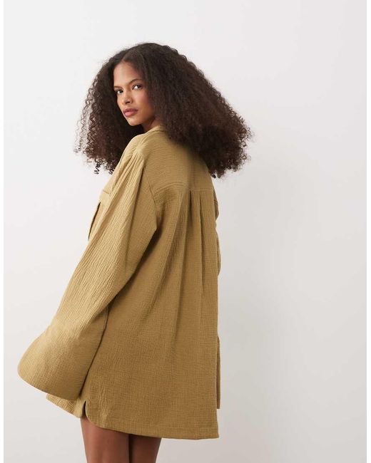 ASOS Natural Double Cloth Mini Shirt Dress With Wide Cuffs And Oversized Pockets