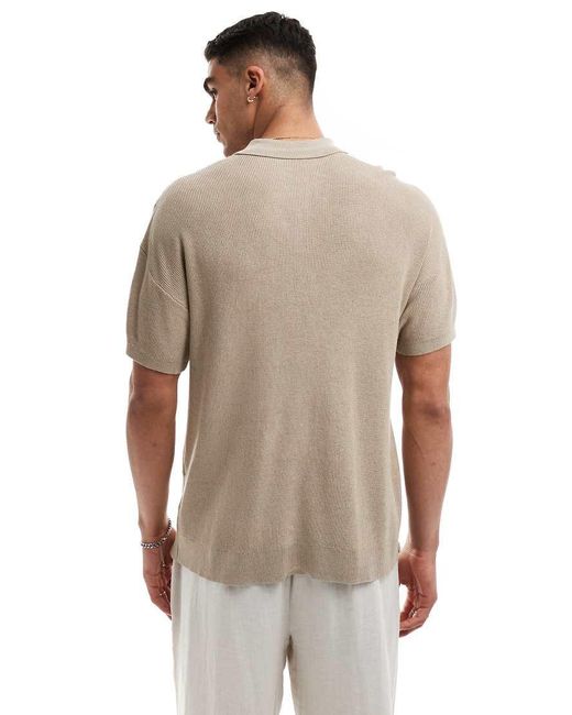 New Look Natural 1/4 Zip Short Sleeve Knitted Polo for men