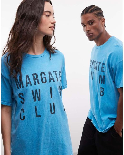 Reclaimed Vintage Blue Margate Slogan T-Shirt for men