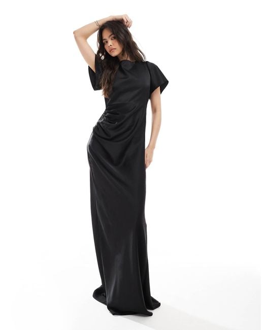 Six Stories Bridesmaid Flutter Sleeve Satin Maxi Dress in Black | Lyst