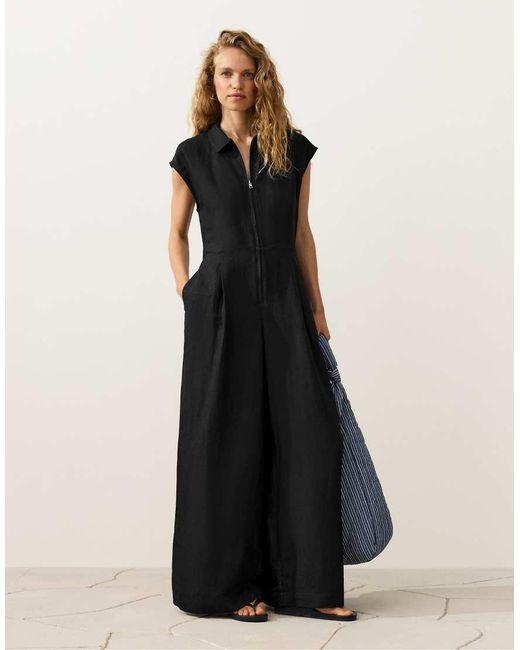 Oysho Black Collared Cotton Long Jumpsuit