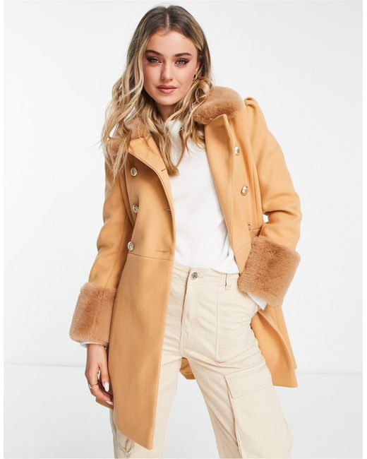 Miss Selfridge White Faux Fur Collar And Cuff Dolly Coat
