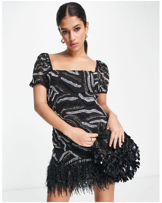 Miss Selfridge Black Premium Embellished Animal Print Mini Dress With Faux Feather Trim