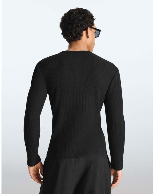 Bershka Black Long-sleeve Slim-fit Henley Collar T-shirt for men