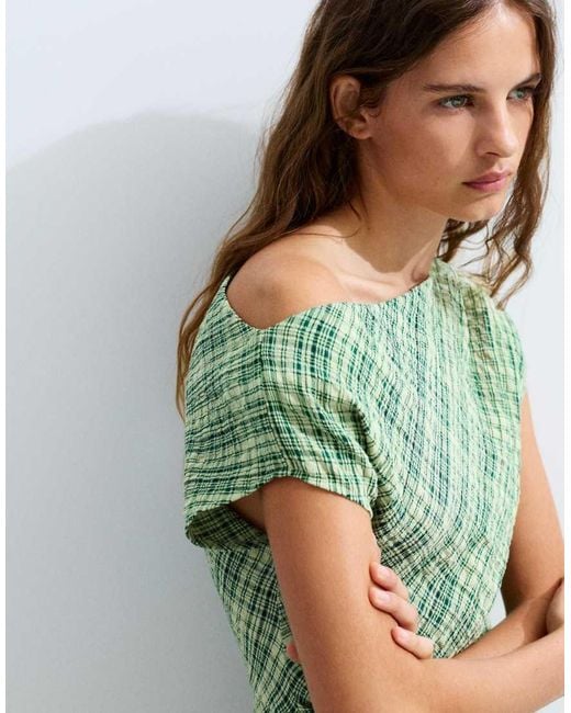Pull&Bear Green Asymmetric Checked Midi Dress