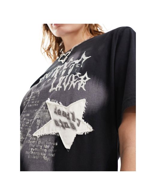 Minga Black London Oversized Grunge Graphic T-shirt With Star Patch
