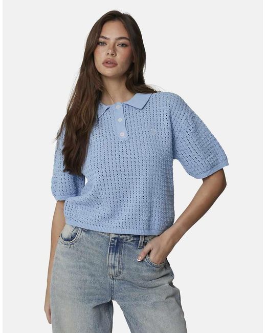 Good For Nothing Blue Cropped Pointelle Knit Polo Shirt