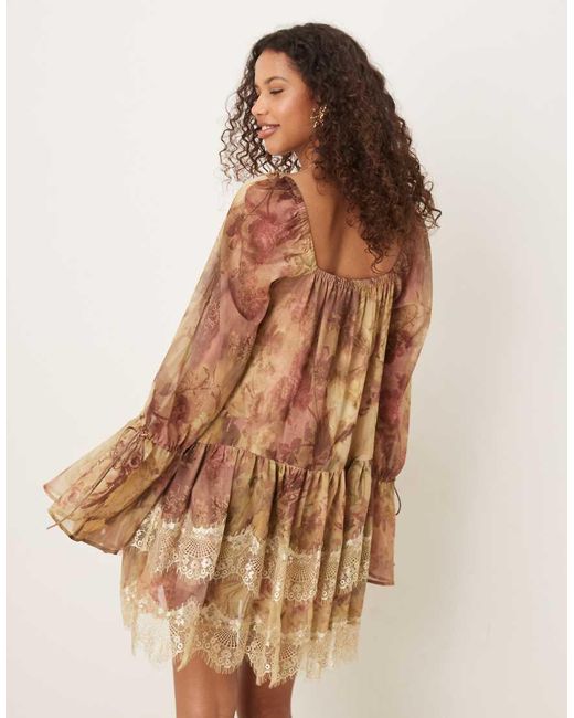 ASOS Natural Long Sleeve Sweetheart Neckline Frilly Mini Dress