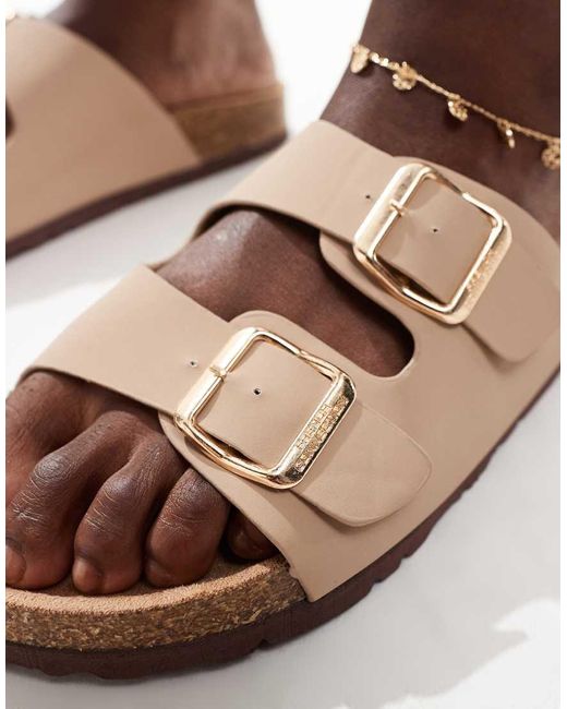 French Connection Brown Double Buckle Footbed Sandals