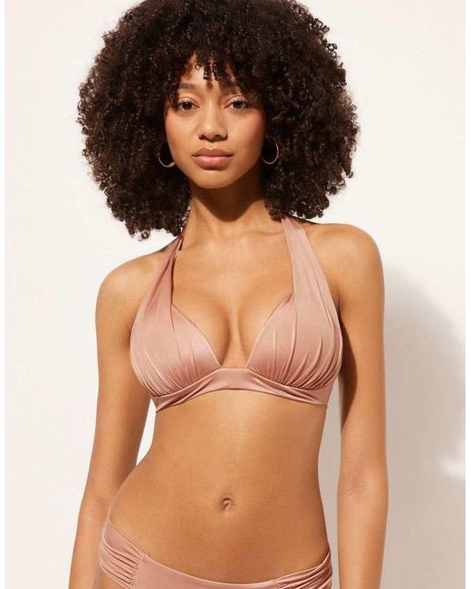 Calzedonia Brown Calzendonia Padded Triangle Bikini Top Shiny Satin