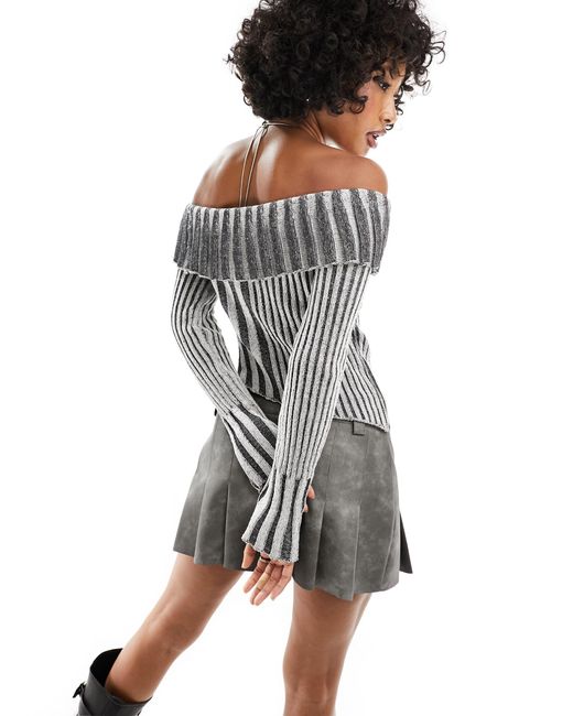 Reclaimed (vintage) Gray Plated Rib Knit Off Shoulder Top With Asymmetrical Hem