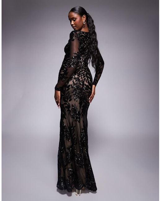 Goddiva Blue Long Sleeve Sequin Leaf Long Sleeve Maxi Dress