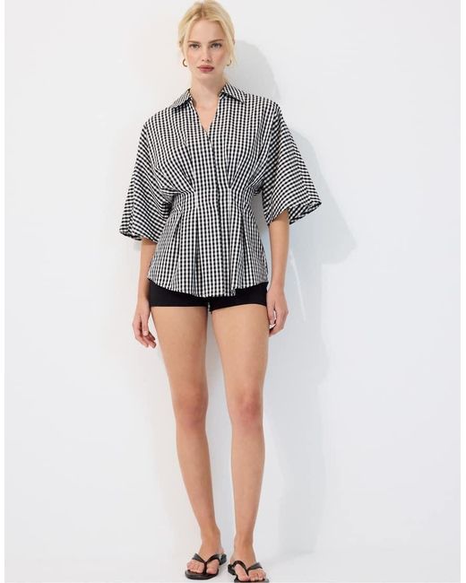 Stradivarius Gray Poplin Shirt With Kimono Sleeves And Pleats