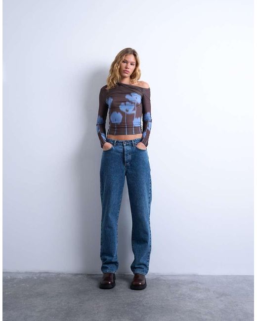 TOPSHOP Blue Microfibre Floral Print Ruched Long Sleeve Top
