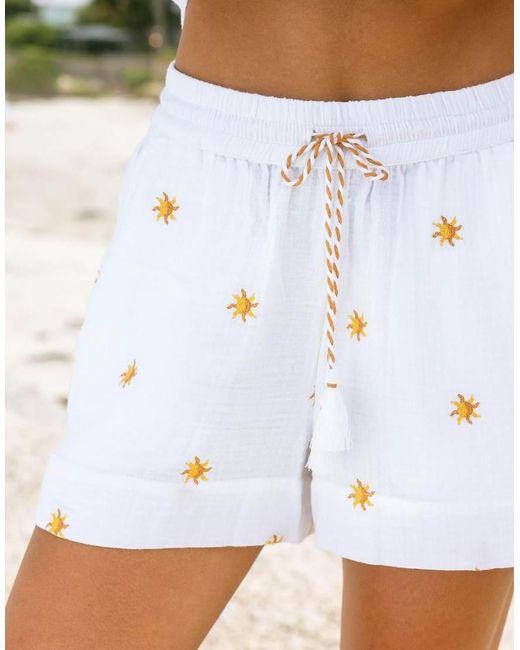 Chelsea Peers Gray Cotton Cheesecloth Embroidered Sunburst Shorts