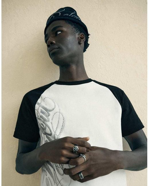 Bershka Natural Short Sleeve Raglan Print T-Shirt for men