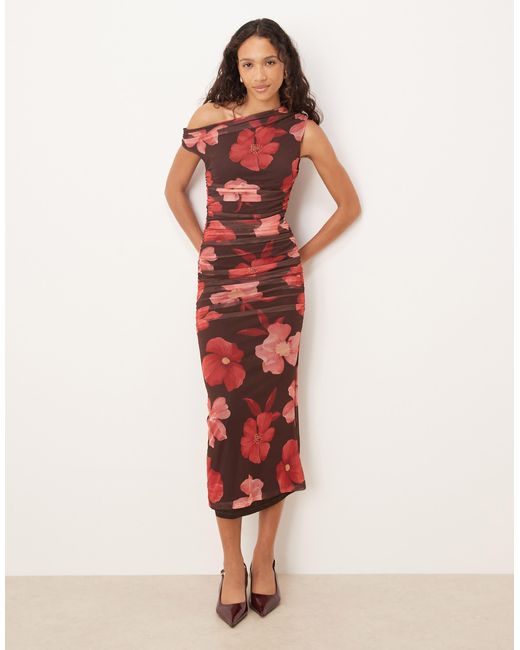Mango Red Asymmetric Mesh Midi Dress