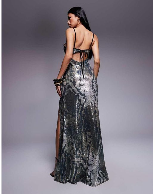 ASOS Gray Printed Sequin Maxi Dress With Split