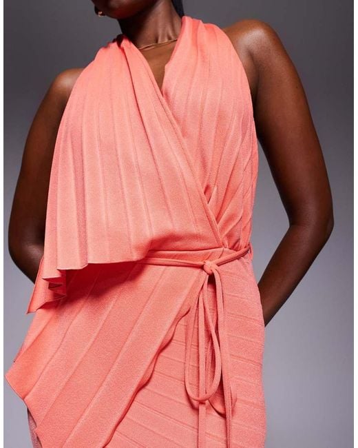 ASOS Red Pleated Plunge Maxi Dress With Asymmetric Wrap Detail