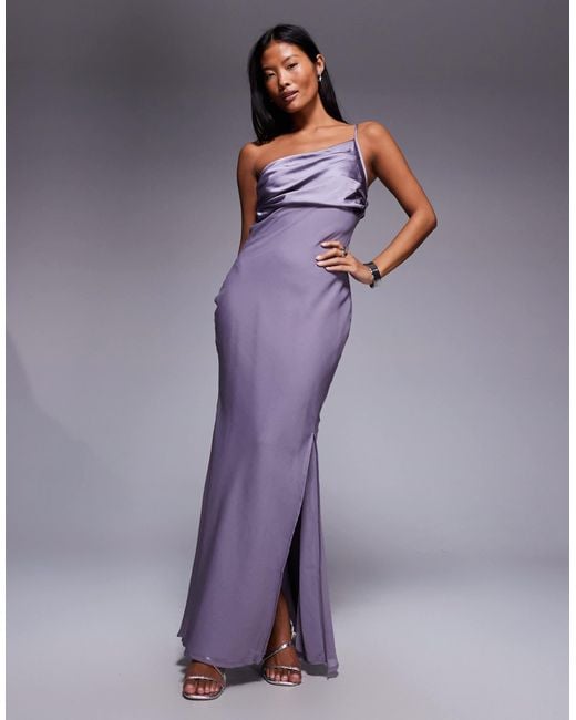 purple bridesmaid dresses asos ASOS Asos Design Petite Satin Chiffon Mix Draped One Shoulder Maxi Dress in  Purple