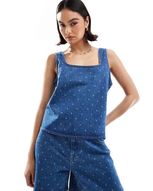 ASOS Blue Denim Square Neck Shift Top With Polka Dot Print