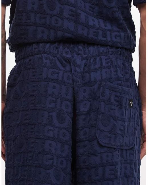 True Religion Blue Textured Terry Towelling Logo Shorts for men