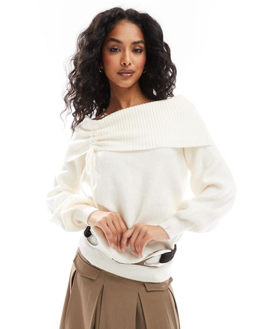 Pimkie White Knitted Bardot Ruched Detail Jumper