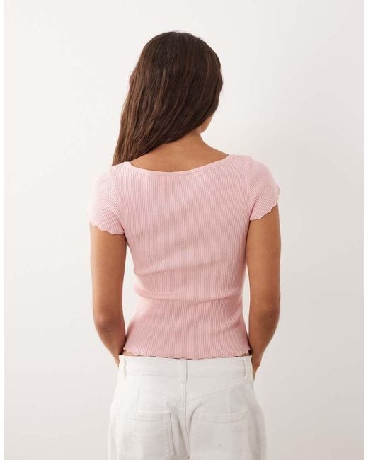 Miss Selfridge Pink Cap Sleeve Ribbed Knitted Top With Lace Detail