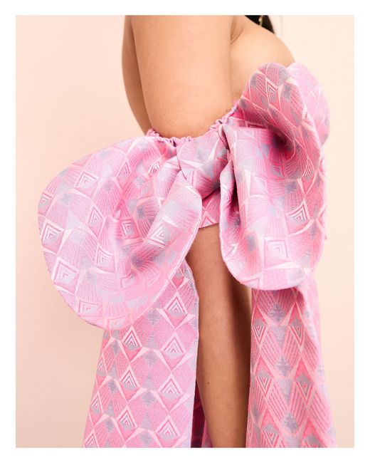 ASOS Pink Jacquard Bandeau Corsetted Top With Bow Tie Sleeves