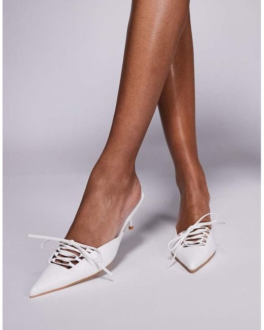 Public Desire White Geneva Pointed Kitten Heel Mules With Lace Up
