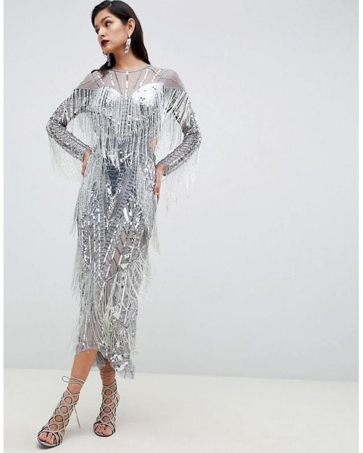 ASOS Metallic Sequin & Fringe Cut Out Midi Dress