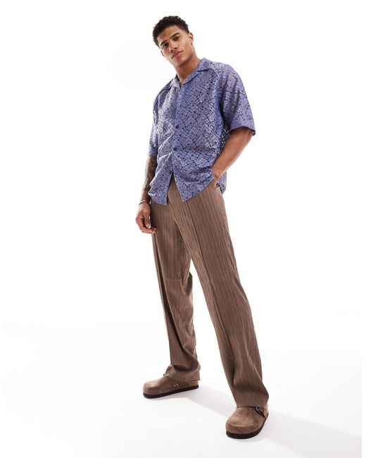 ASOS Blue Short Sleeve Relaxed Fit Raglan Revere Collar Lace Shirt for men
