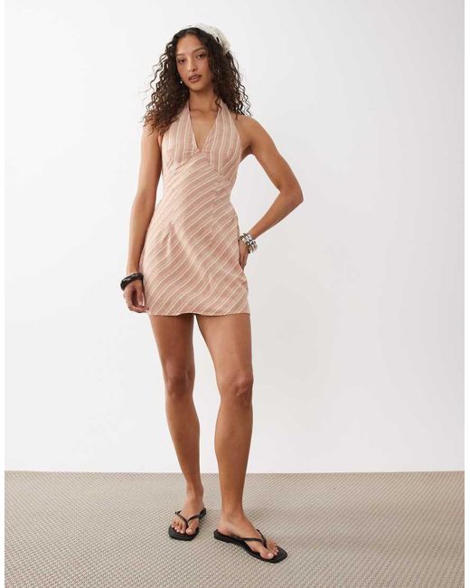 ASOS Natural Cotton-linen Blend Halter Neck Mini Sundress With Sculpted Bust
