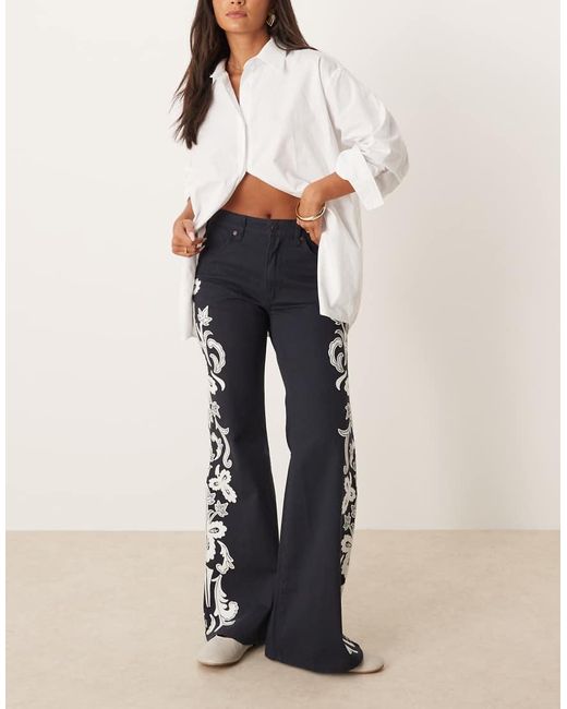 Wrangler White 70s Flare Jeans With Floral Embriodery