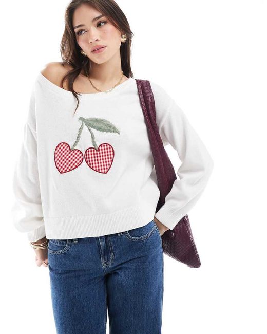 Hollister Blue Off Shoulder Cherry Motif Jumper