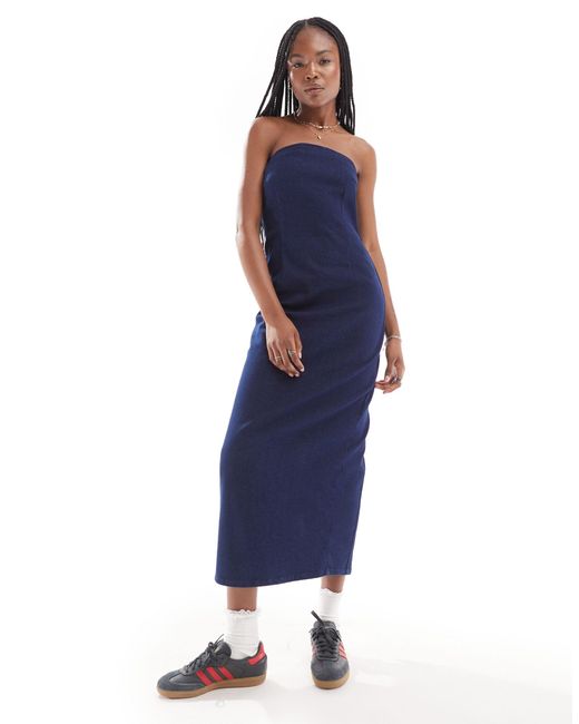 ONLY Blue Fitted Bandeau Midi Denim Dress