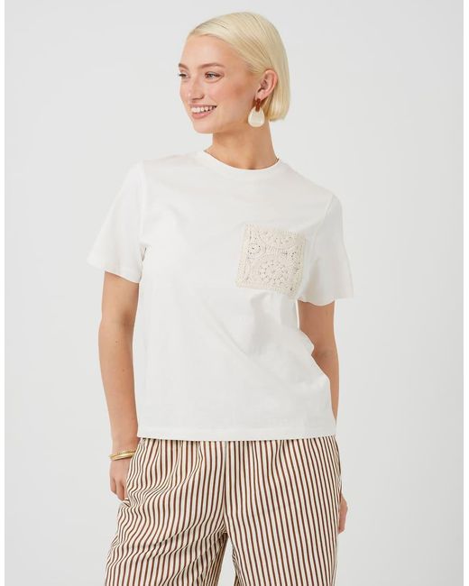 Brave Soul White Cotton T-Shirt With Crochet Chest Pocket