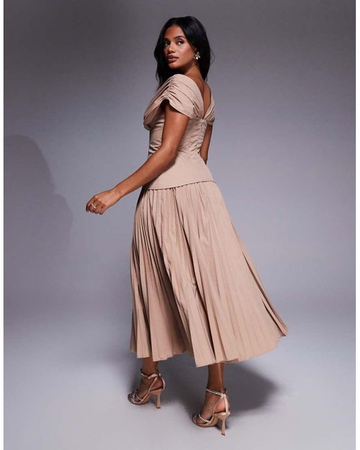 ASOS Multicolor Off Shoulder Pleated With Moulded Hips Midi Dress