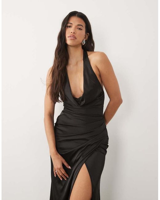 TFNC London Black Satin Halter Neck Cowl Plunge Split Detail Maxi Dress