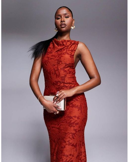 Vestido Largo Sin Mangas Con Detalle Retorcido En El Hombro De Devoré De -Naranja ASOS de color Red