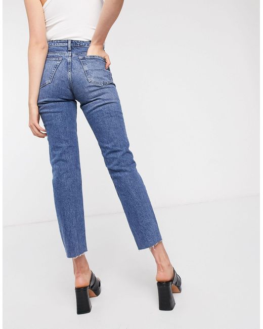 TOPSHOP Denim Tall Mid Blue Raw Hem Straight Jeans - Lyst
