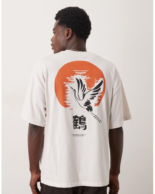SELECTED White Oversized T-Shirt With Crane Back Print for men