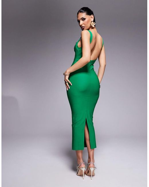 Vesper Green Bengaline Square Neck Open Back Midaxi Dress