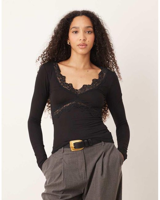 Gina Tricot Black V Neck Lace Detail Long Sleeve Slim Fit Top